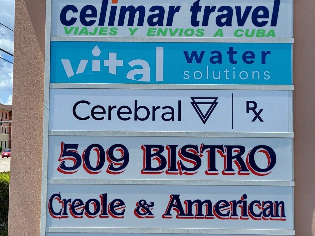 Sign with business names: Celimar Travel, Vital Water, Cerebral, 509 Bistro, Creole & American.