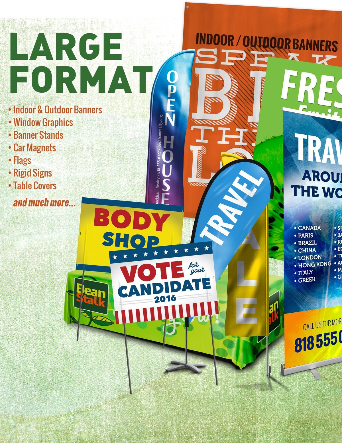 Various promotional banners and signs, including those for travel, a body shop, and a political campaign.