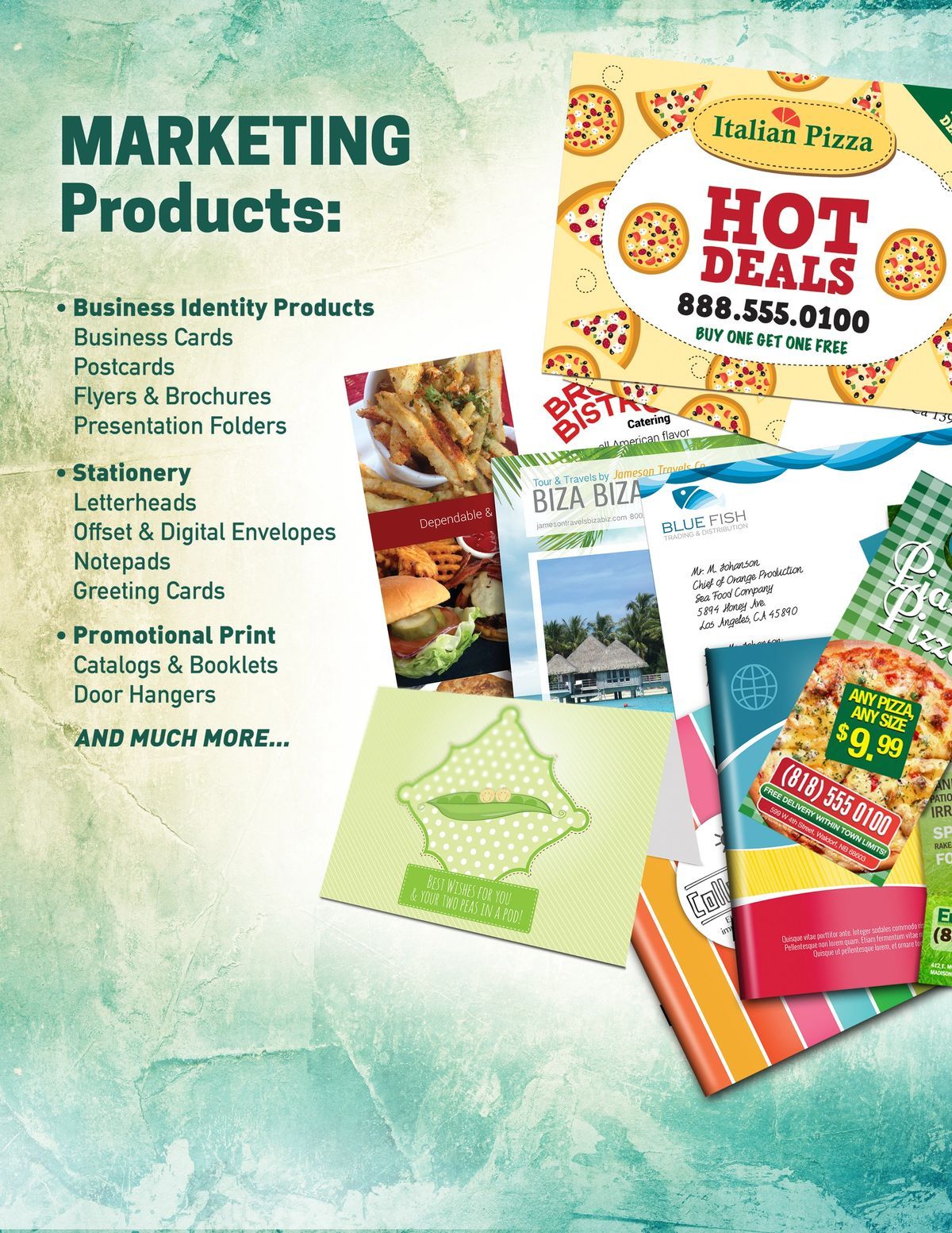 Brochure advertising marketing products, with samples of postcards, stationery, and pizza flyers.