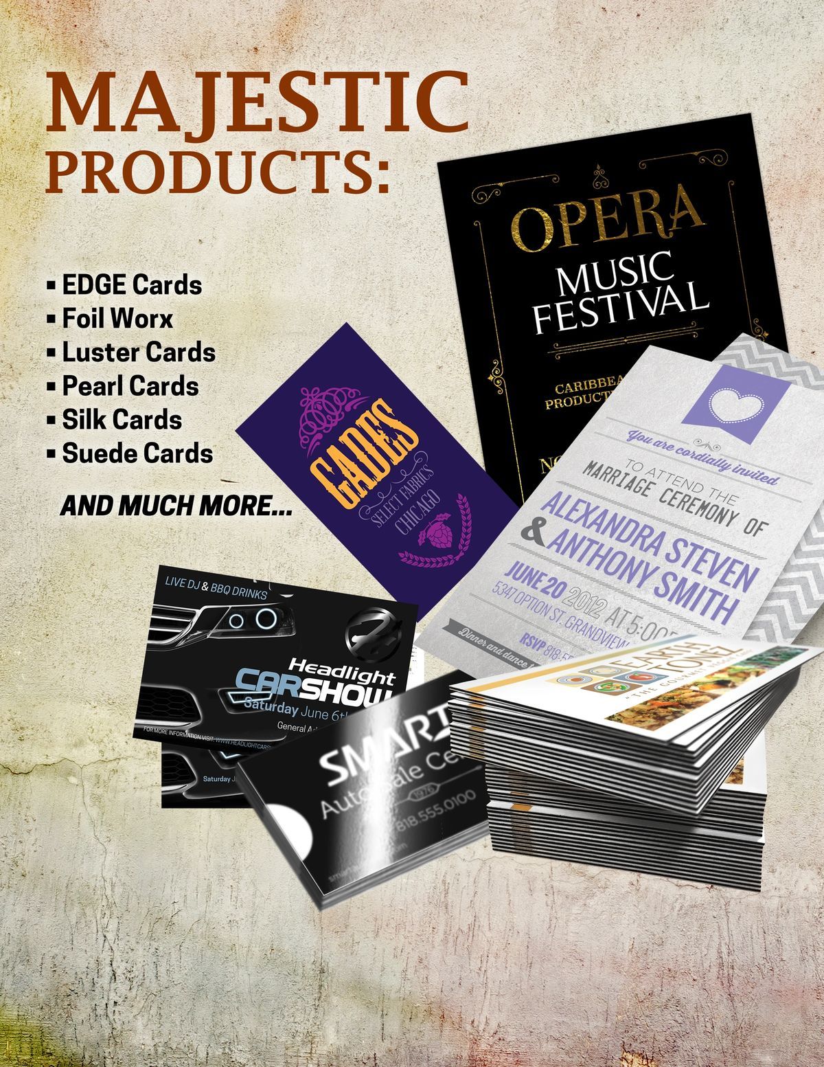Advertisement for Majestic Products, showcasing various card samples, with text listing product types.