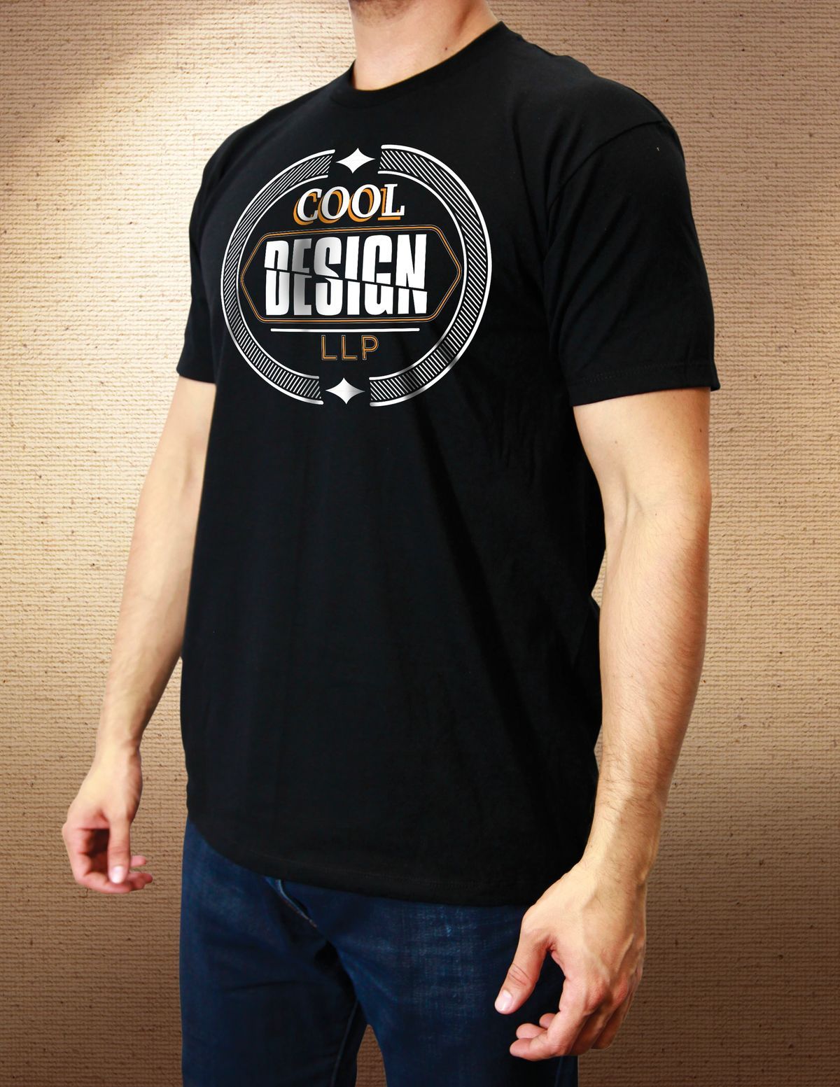 Man wearing a black t-shirt with a 