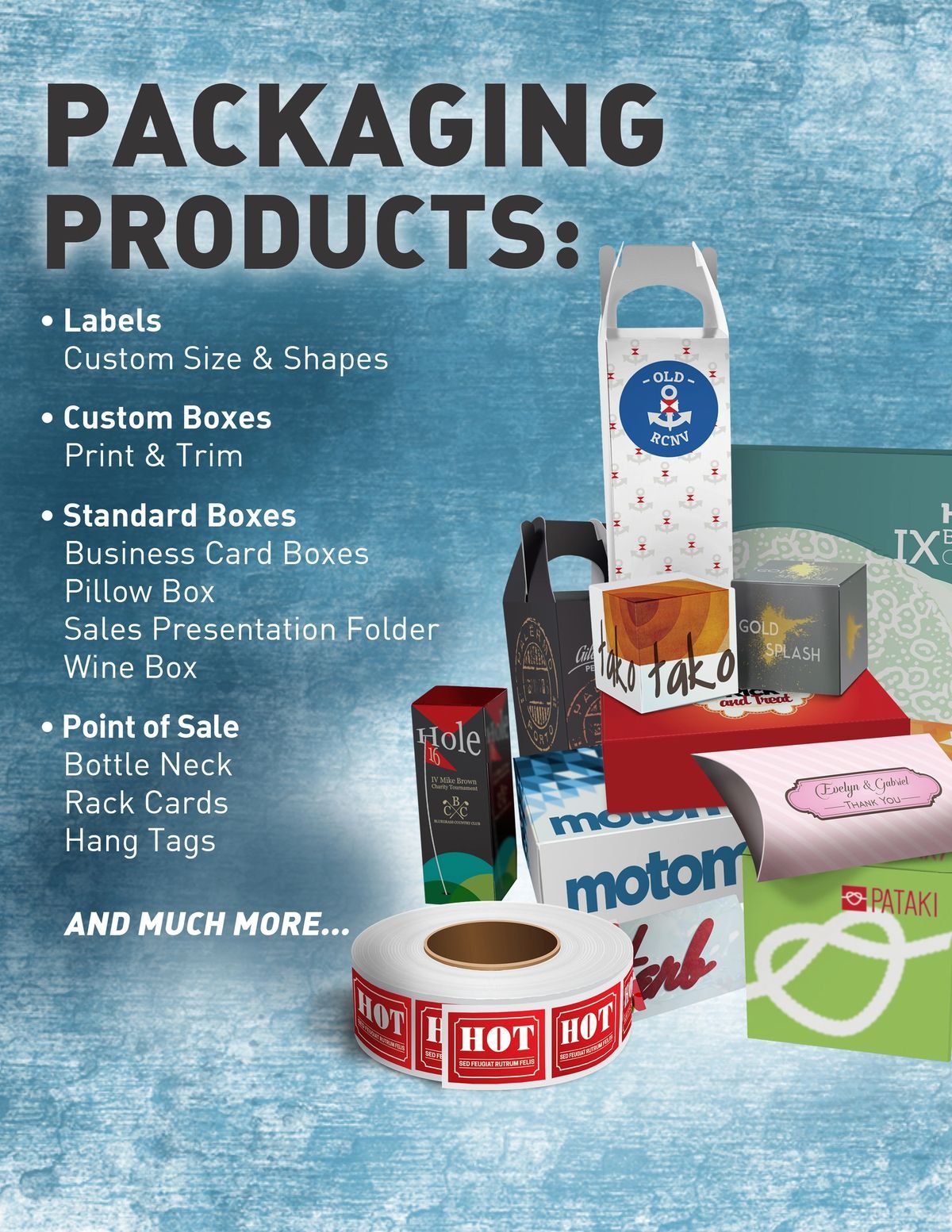 Promotional graphic: Packaging products, including labels, custom and standard boxes.
