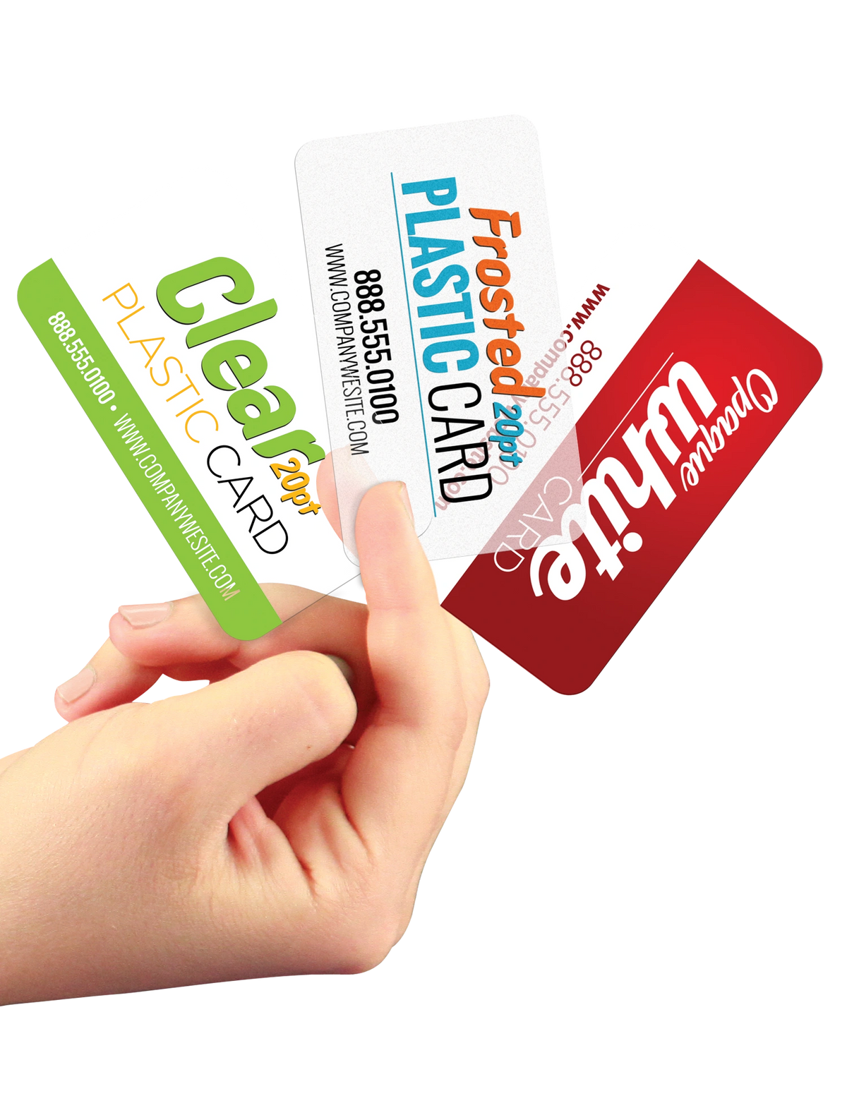 Hand holding three plastic cards: green clear, frosted, and red opaque.