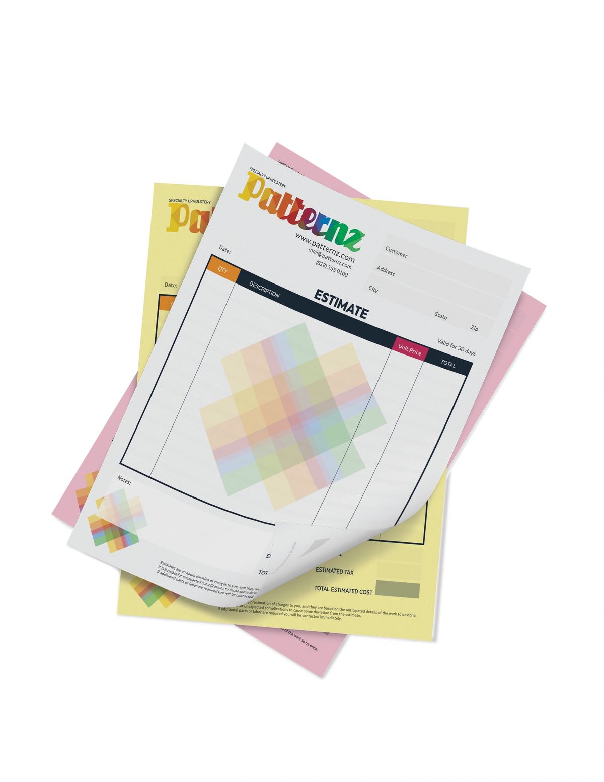 Stack of colorful business invoice forms with 