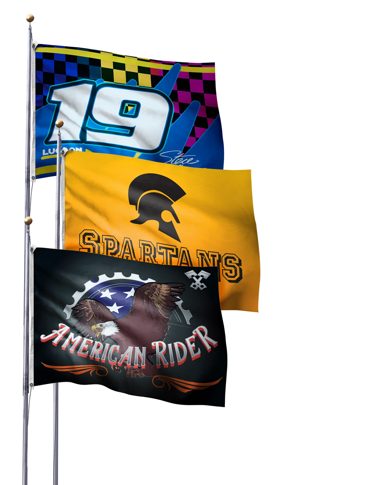 Three flags on poles: racing flag, Spartan flag, and American Rider flag.