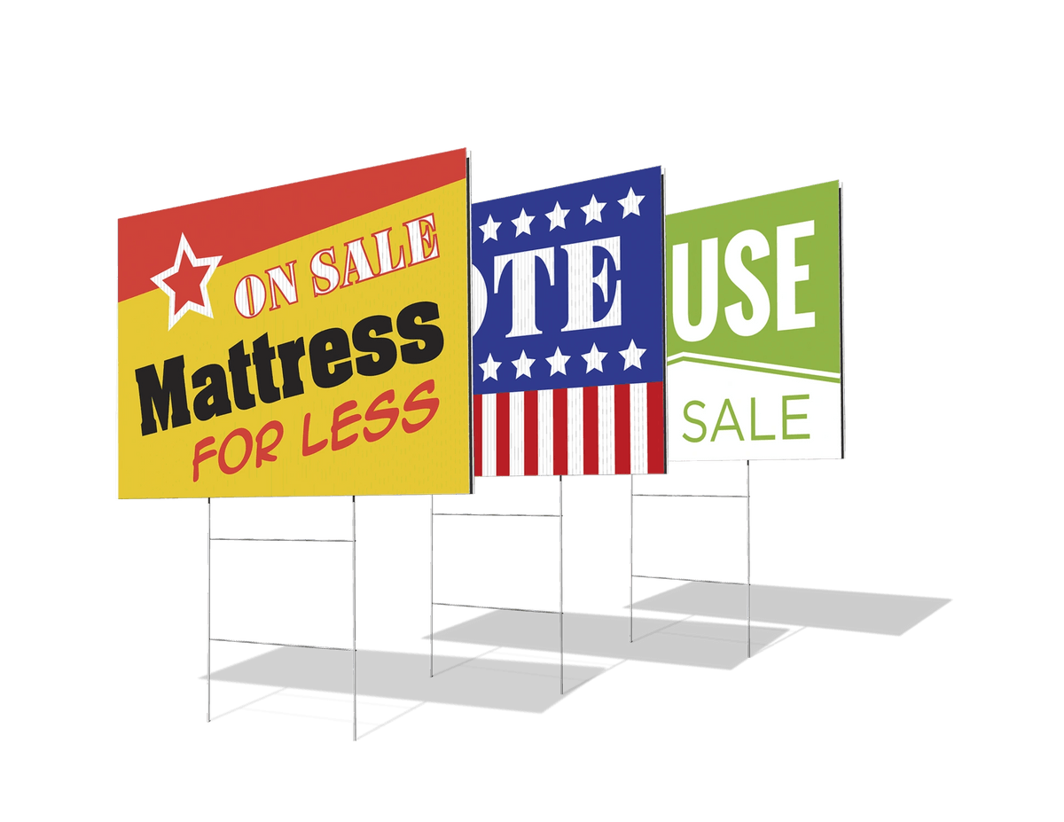 Yard signs for mattress sale, political vote, and sale.
