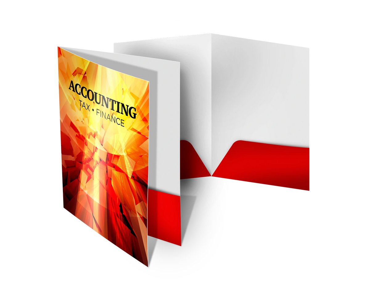 Open white folder with red pockets; cover with 