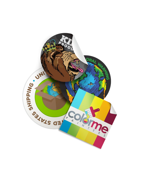 Several colorful stickers: round with a dinosaur, globe; square with color swatches; round with shipping logo.