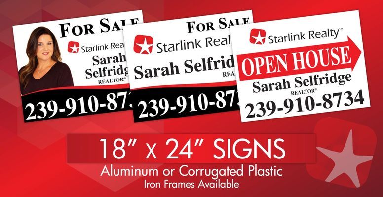 Real estate signs for Sarah Selfridge, Starlink Realty. Includes