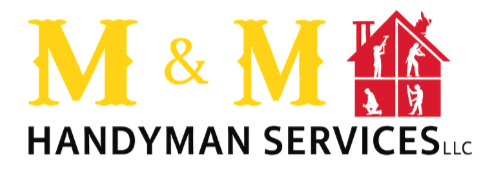 M & M Handyman Services logo with yellow letters and a red house icon with handyman figures.