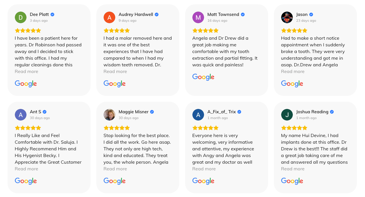 A row of google reviews on a white background.