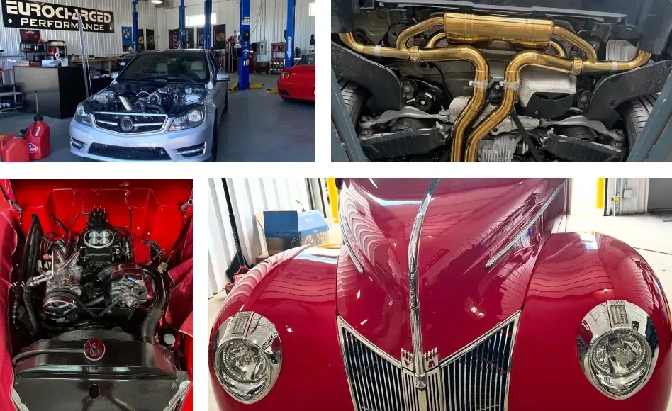 White car with hood removed for repairs, up close to pipes in vehicle, front of class red car, collage of pictures | Eurocharged