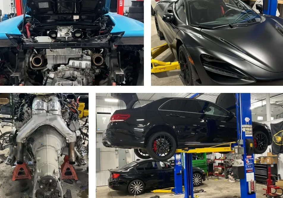 Up close to various parts in vehicle, up close of black car with clean finish, black car raised on lifts in garage, collage of pictures | Eurocharged
