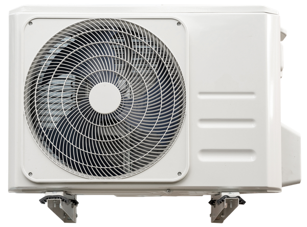 White outdoor air conditioning unit with a fan and metal cage.