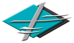 A blue and black logo with a cross on it