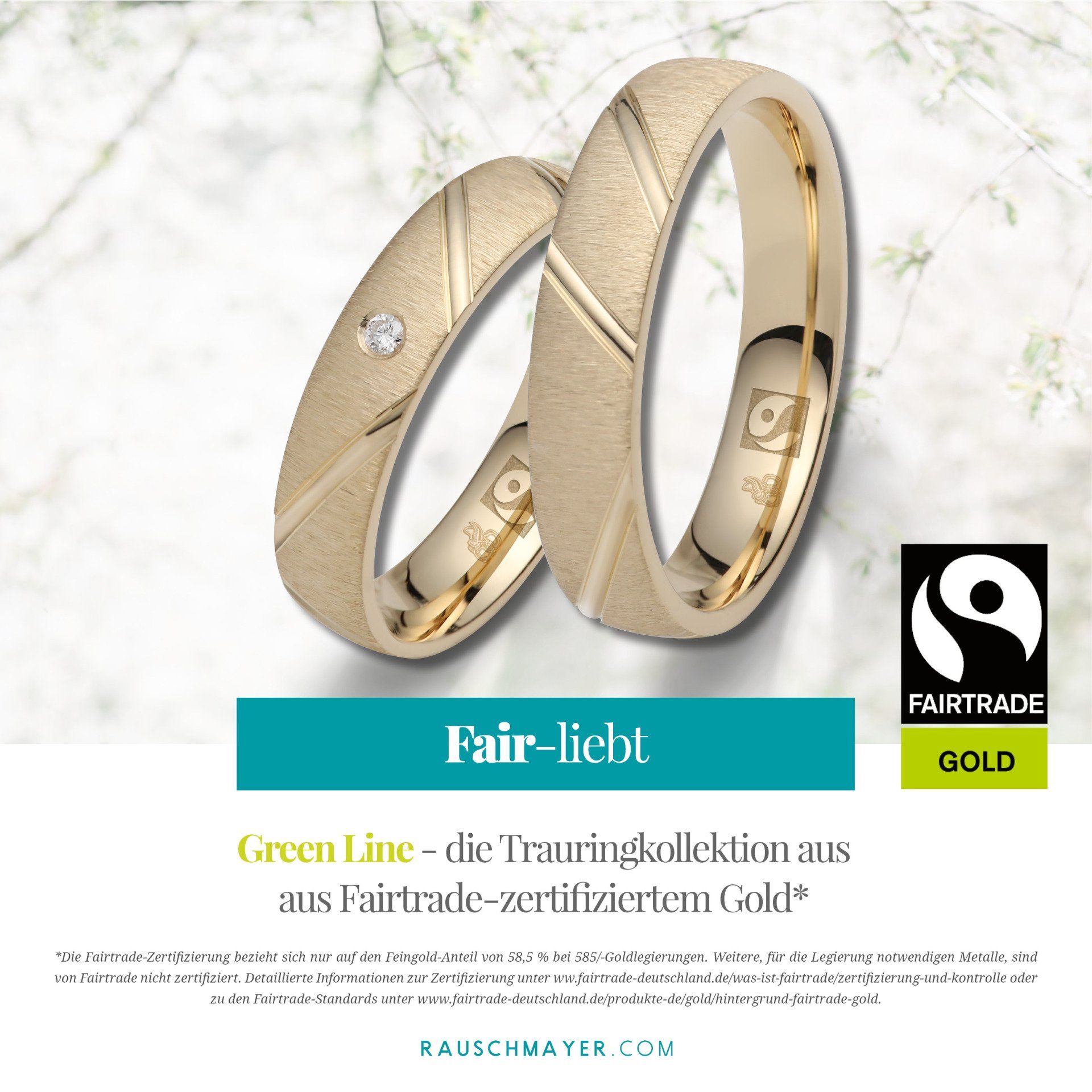 Ein Paar Eheringe mit den Worten „Fair-Licht“ auf der Unterseite