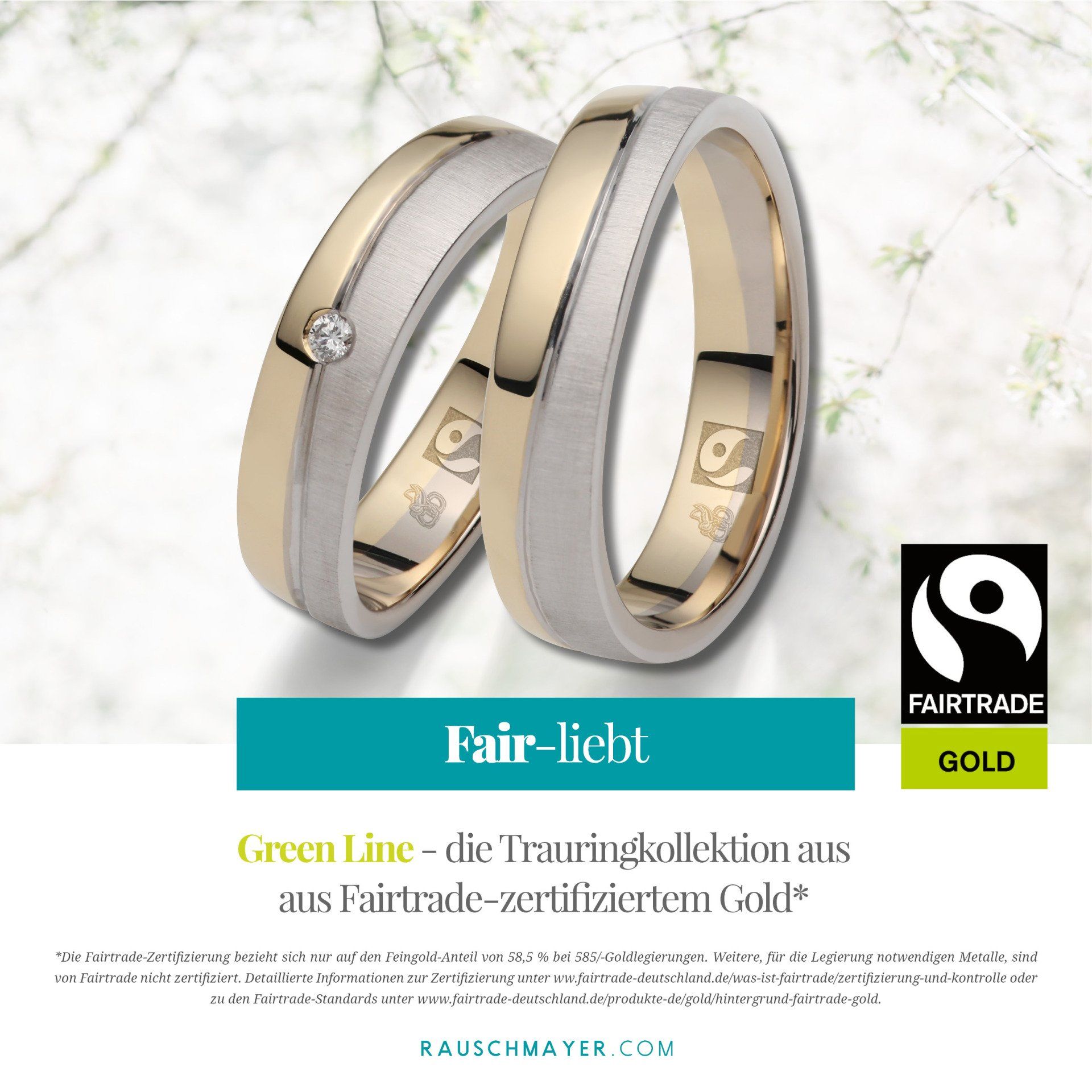 Ein paar Eheringe mit den Worten Fair-Licht auf der Unterseite