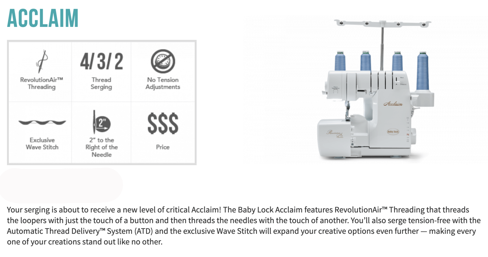 Baby Lock Acclaim BLES4 Sewing Machine