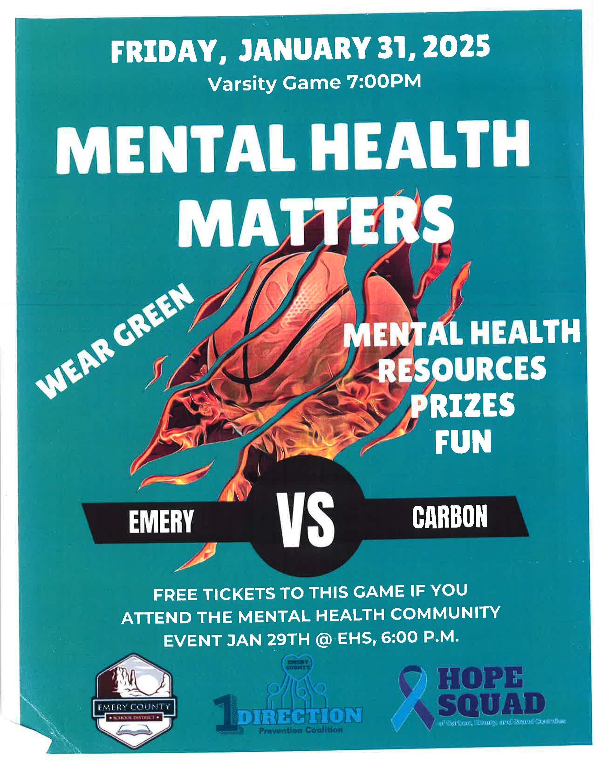 A poster for a basketball game called mental health matters