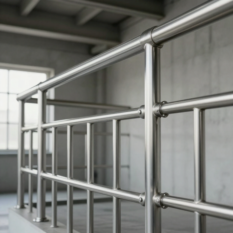 Barandilla de acero inoxidable en un interior de estilo industrial con paredes y vigas de techo grises.