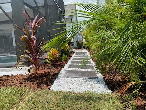 A walkway in the middle of a lush green garden surrounded by palm trees.