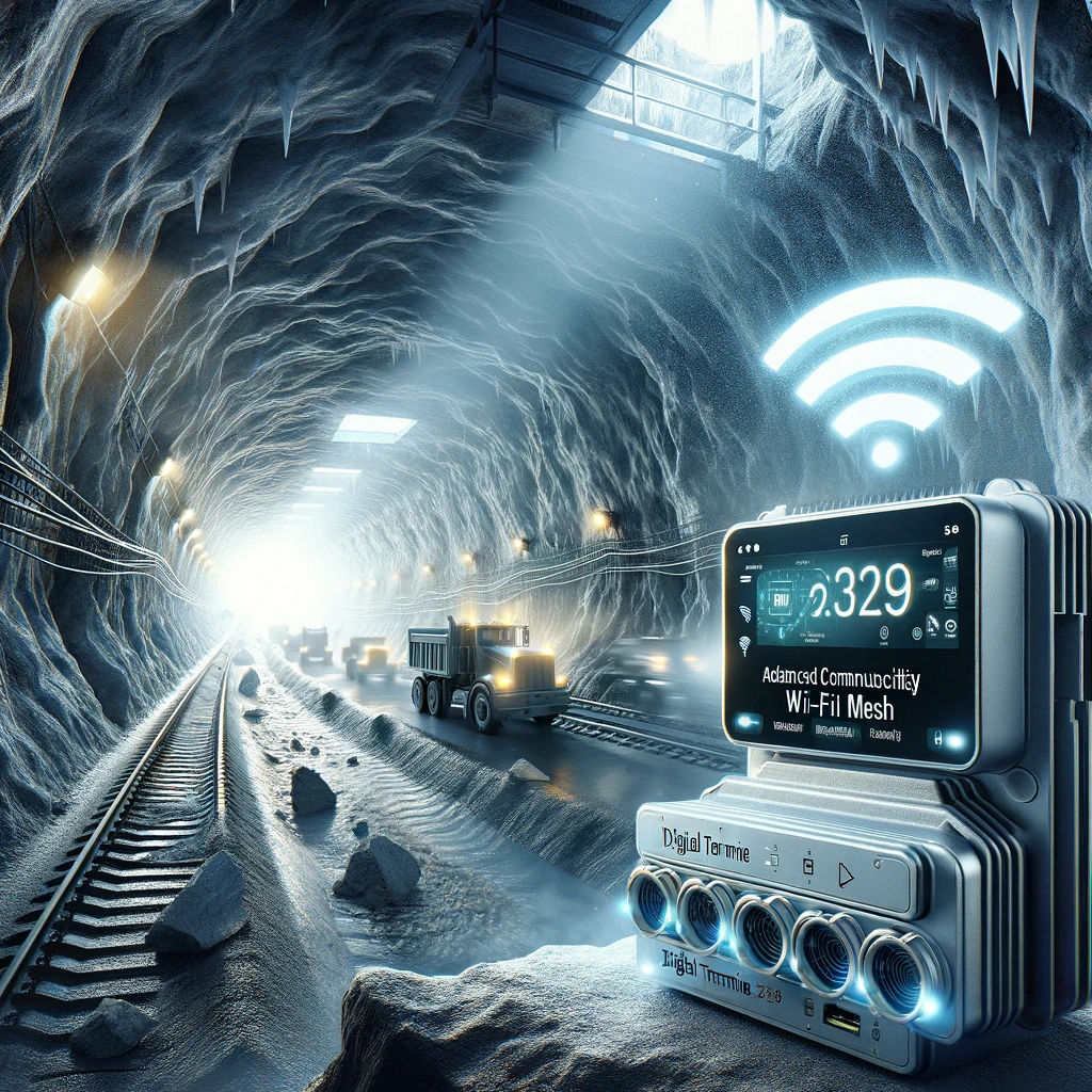 Futuristic mining tunnel with Wi-Fi mesh tech device