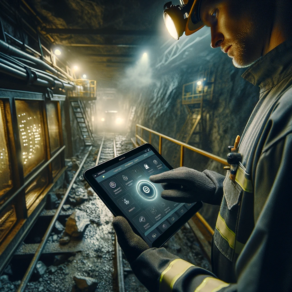 Miner with tablet using tech in a mine shaft