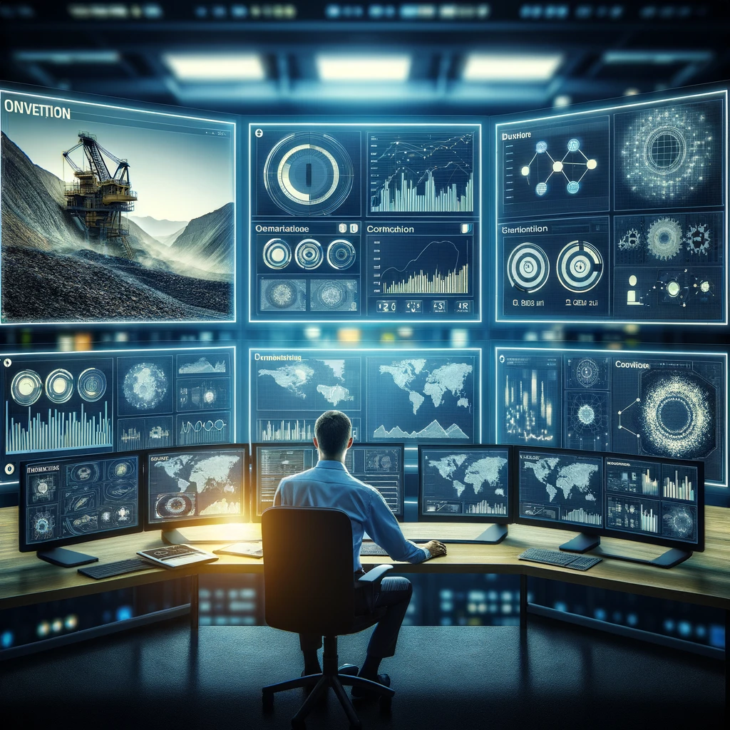 Mining data analyst in a control room with data visualisation screens
