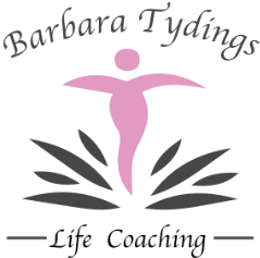 Logo for Barbara Tydings Life Coaching. Pink figure with outstretched arms above a gray, open book.