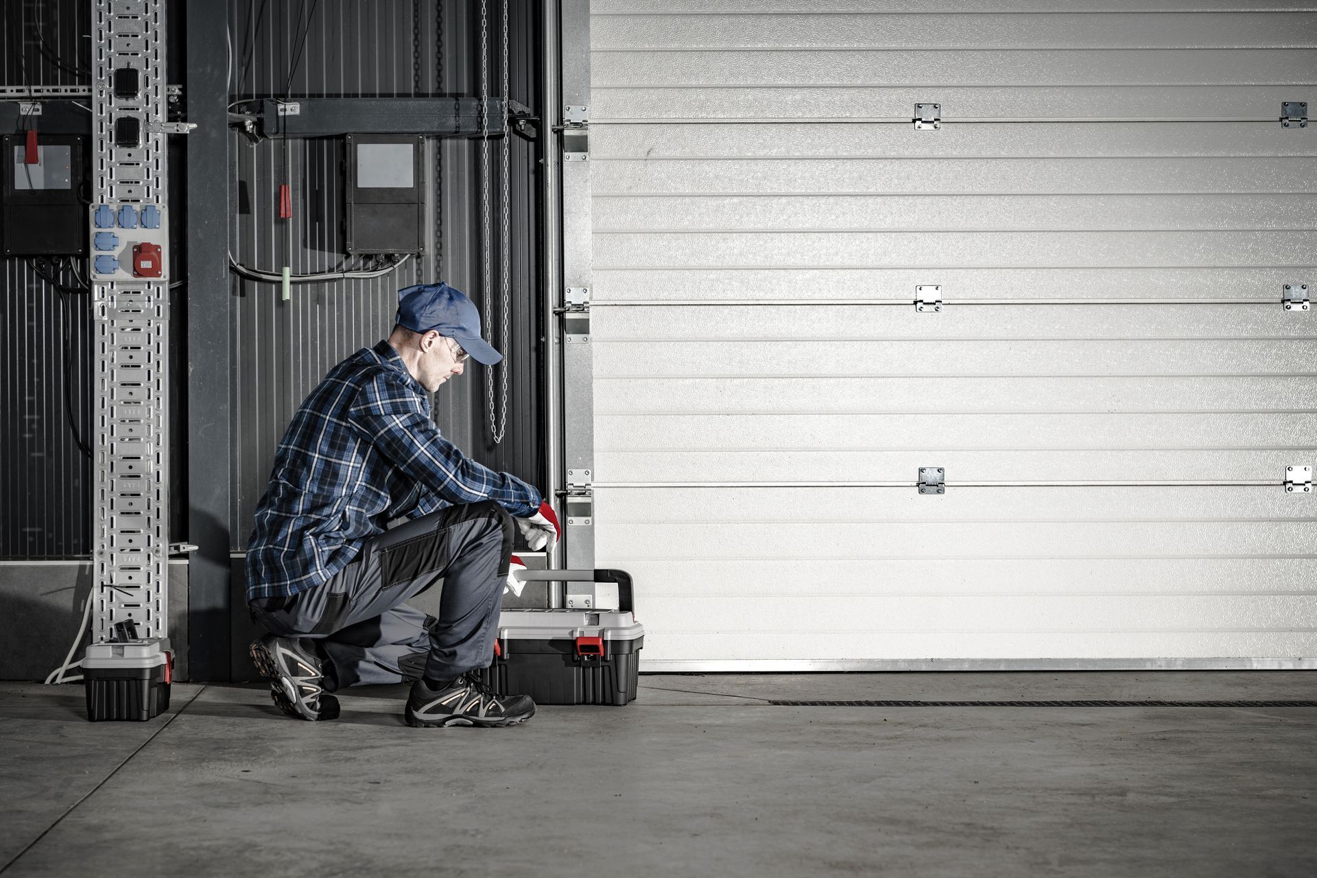 A technician in a plaid shirt prepares tools near the warehouse garage door.