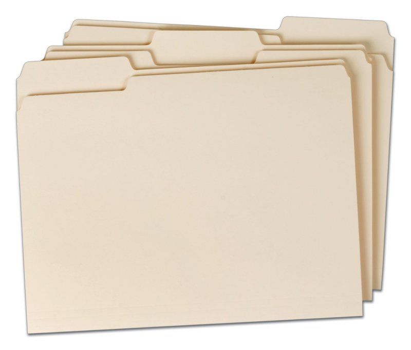 Manila file folders, stacked with tabs.