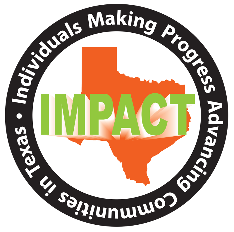 IMPACT Texas IMPACT logo: Green text on an orange Texas outline, encircled by text reading