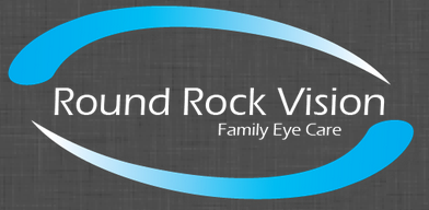 Logo for Round Rock Vision, a family eye care center. Features a blue and white eye-shaped design over a gray background with text.