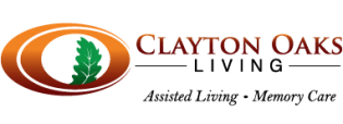 Clayton Oaks Living logo: brown oval with green leaf and text 