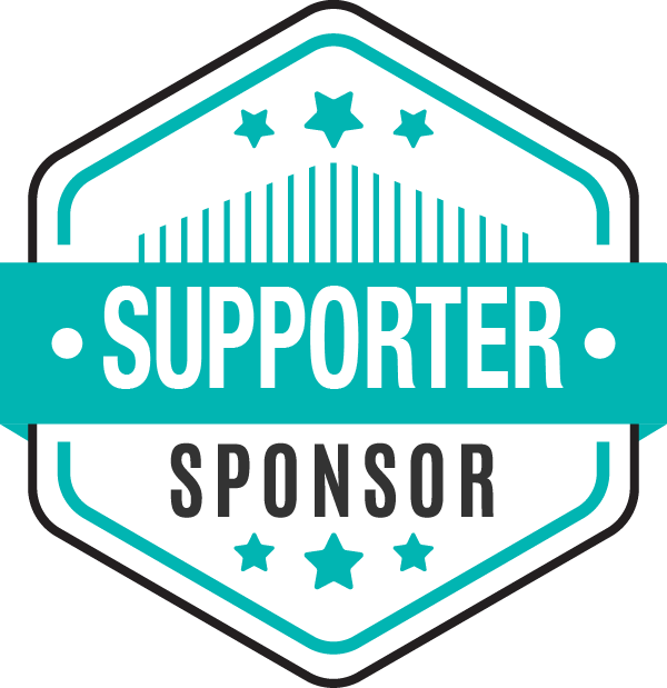 Teal and white hexagon badge with 