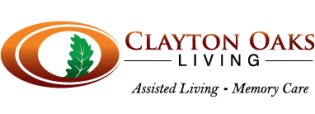 Clayton Oaks Living logo: brown and orange oval with a green leaf, text 