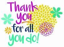 Thank you message with colorful text and flower accents.