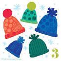 Five colorful knit hats with snowflake background and number 3.