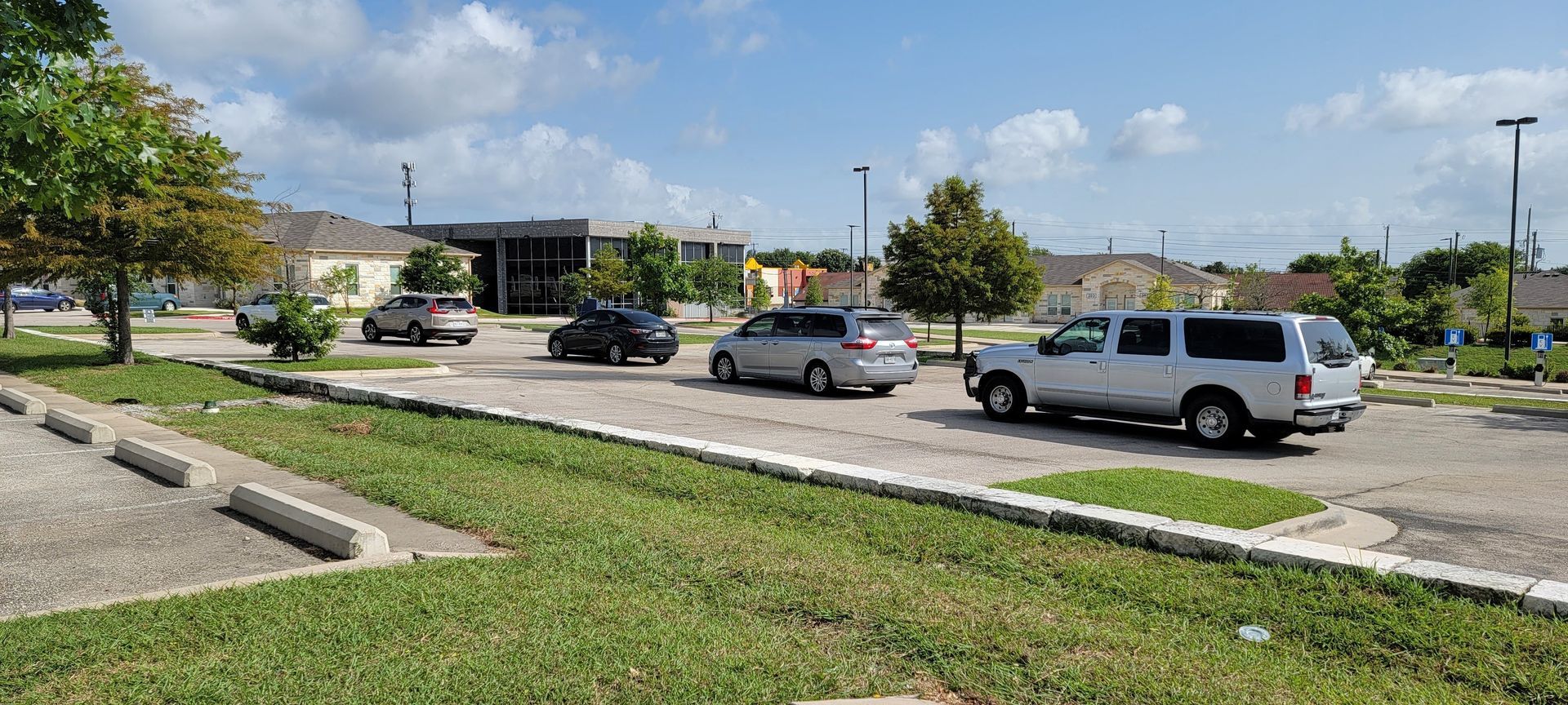 Cars lined up in a parking lot, green grass and trees on a sunny day.