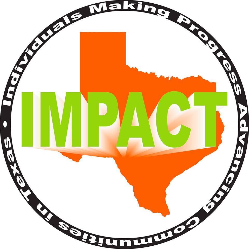 IMPACT logo: Green text over an orange Texas outline; black text around the circle.
