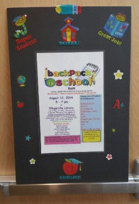 Black-framed poster with school-themed decorations promoting a 