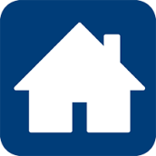 White house icon on a blue square background.