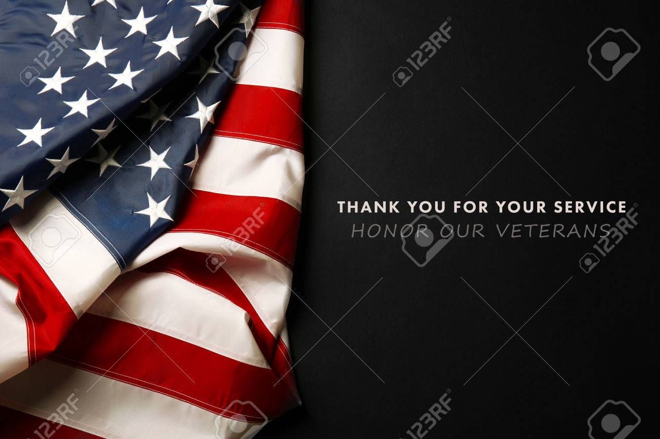 American flag draped on black background with text: