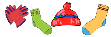Red gloves, green sock, red hat with blue zigzags, and yellow sock with blue toe.