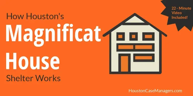 How Houston's Magnificat House shelter works; orange background, house icon, and text.