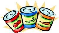 Three colorful cans of food, labeled with tomatoes, green beans, and carrots.