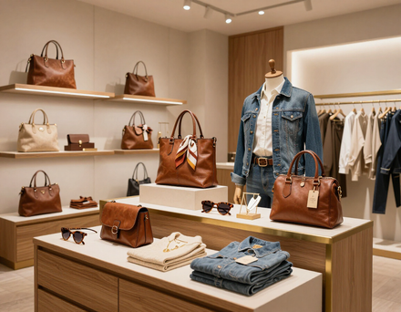 Boutique display with brown handbags, folded jeans, and a denim jacket on mannequins and shelves