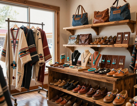 Boutique display with woven clothing rack, handbags, jewelry, and shoes on wooden shelves