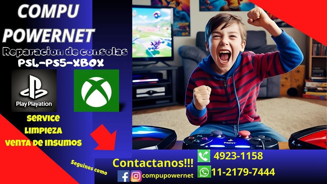 Anuncio de Compu Powernet: reparaciones y servicios para consolas PS y Xbox. Un niño celebra con un mando, rodeado de consolas y logotipos.