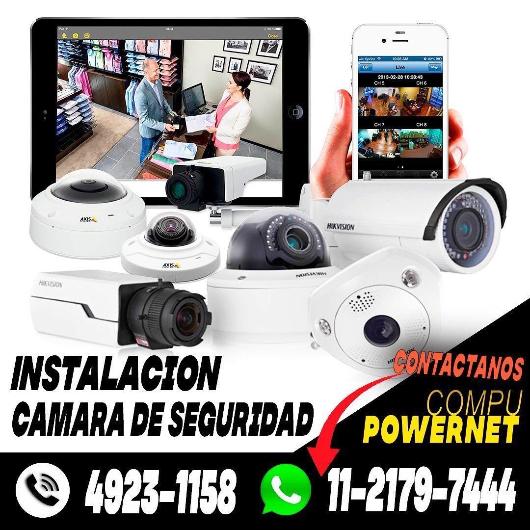 Anuncio de cámaras de seguridad: Se ofrecen servicios de instalación, mostrados con varios modelos de cámaras e información de contacto.
